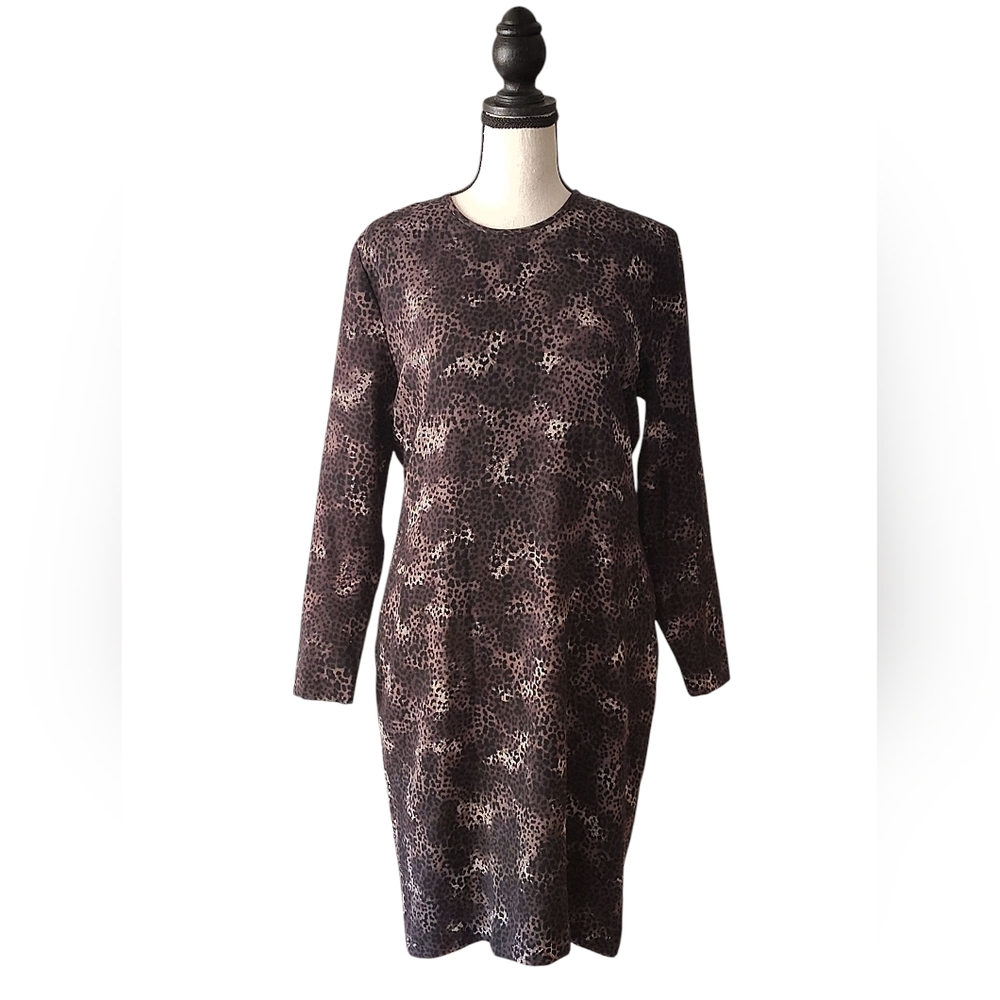 Linda Allard for Ellen Tracy Leopard Print Sheath/Shift Midi Vintage 90s Size 8